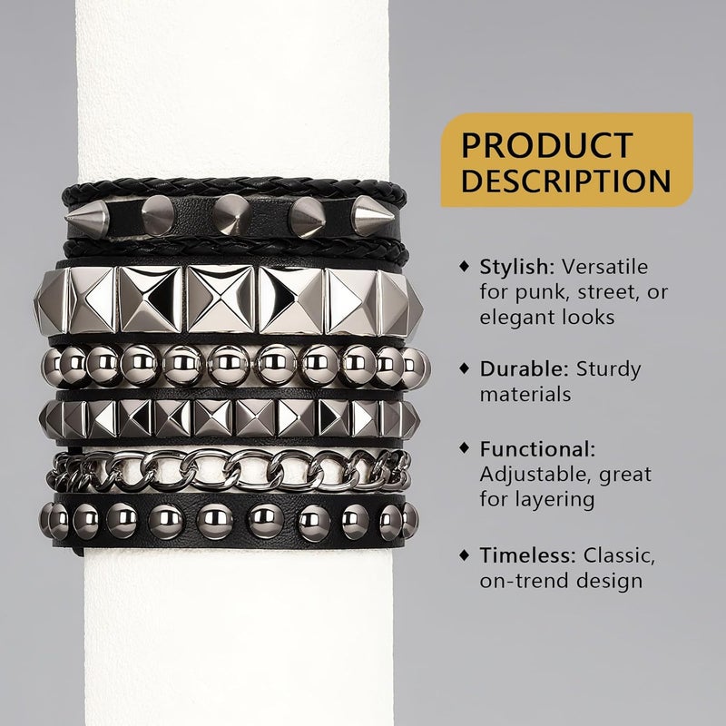 JOLYEAK Punk Leather Rivets Bracelets Punk Rock Leather Studded Bracelets 80s Wristband Emo Gothic Spike Cuff Bracelet Set for Men Women Rocker Outfits Skull Bracelet - Image 3